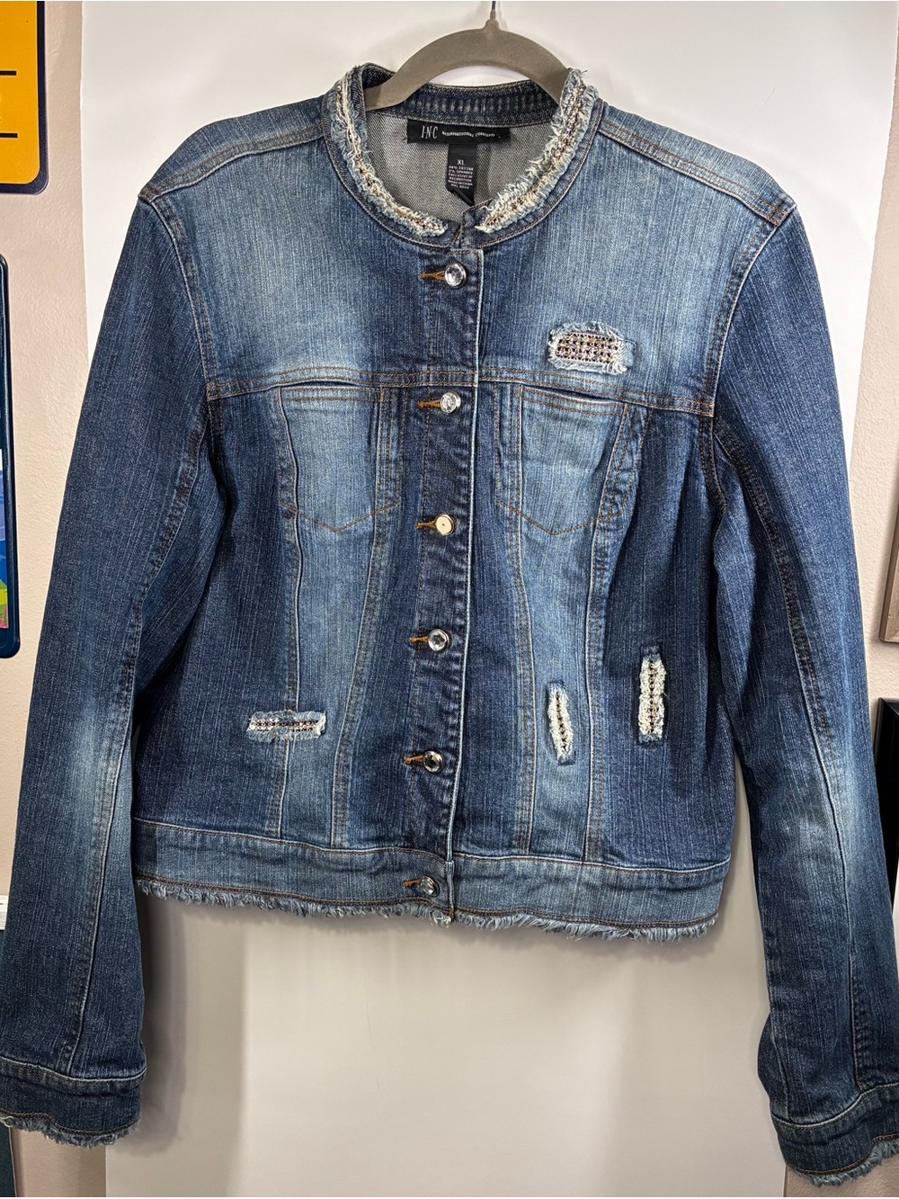 INC International Concepts XL Embellished Distressed Denim Jacket Rhinestone